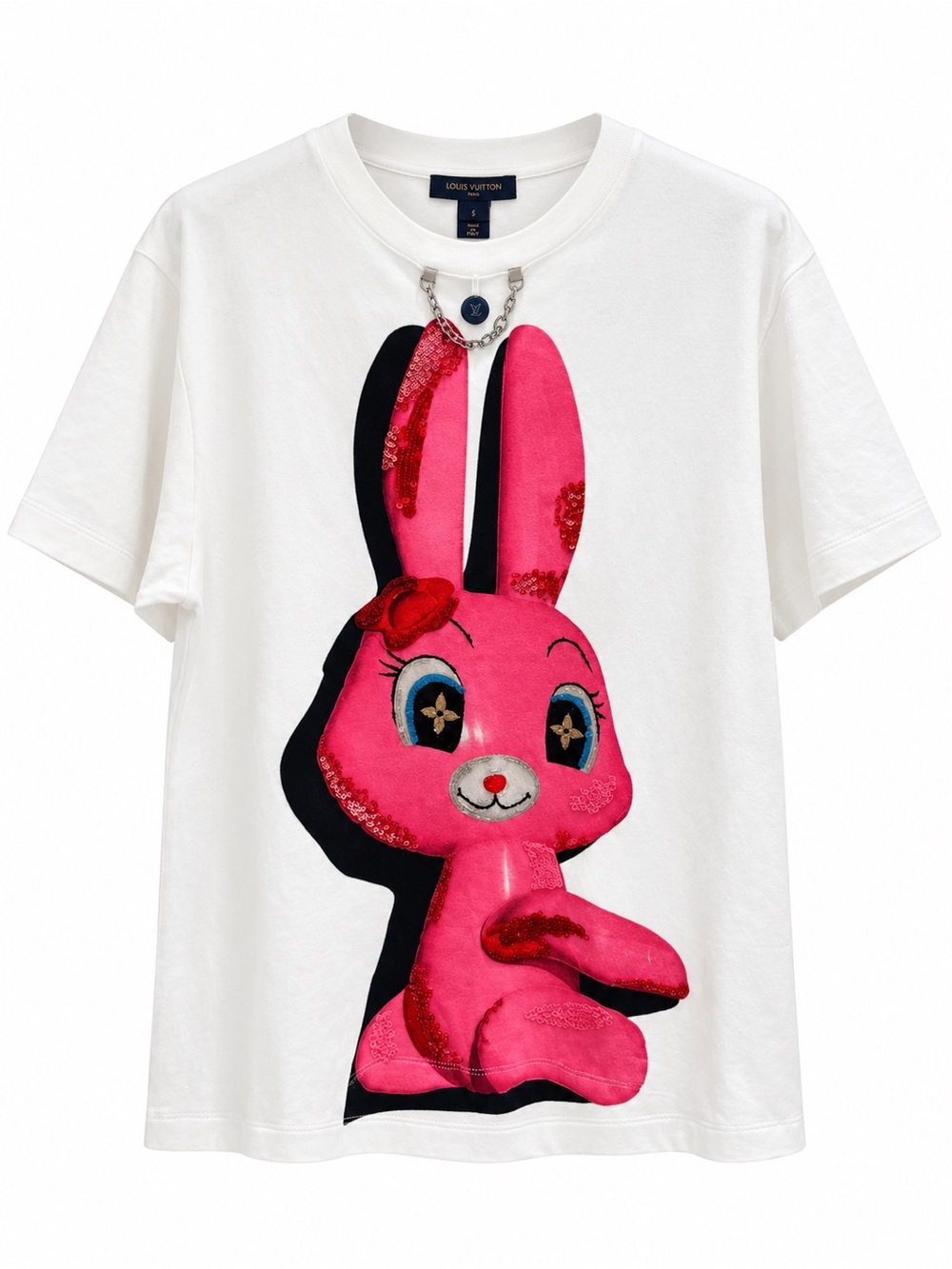 Louis Vuitton White Tee with Bright Pink Bunny Motif
